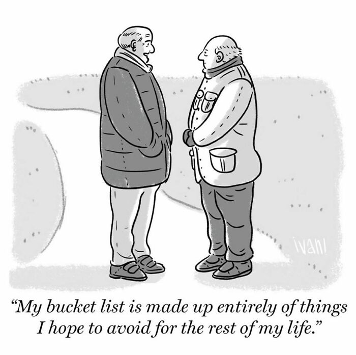 One-panel comic by Ivan Ehlers showing two men discussing a humorous bucket list in winter clothing.
