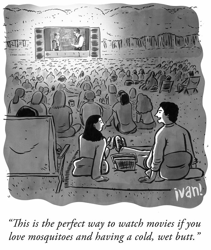 One-panel comic by Ivan Ehlers showing people at an outdoor movie with a humorous twist on watching conditions.