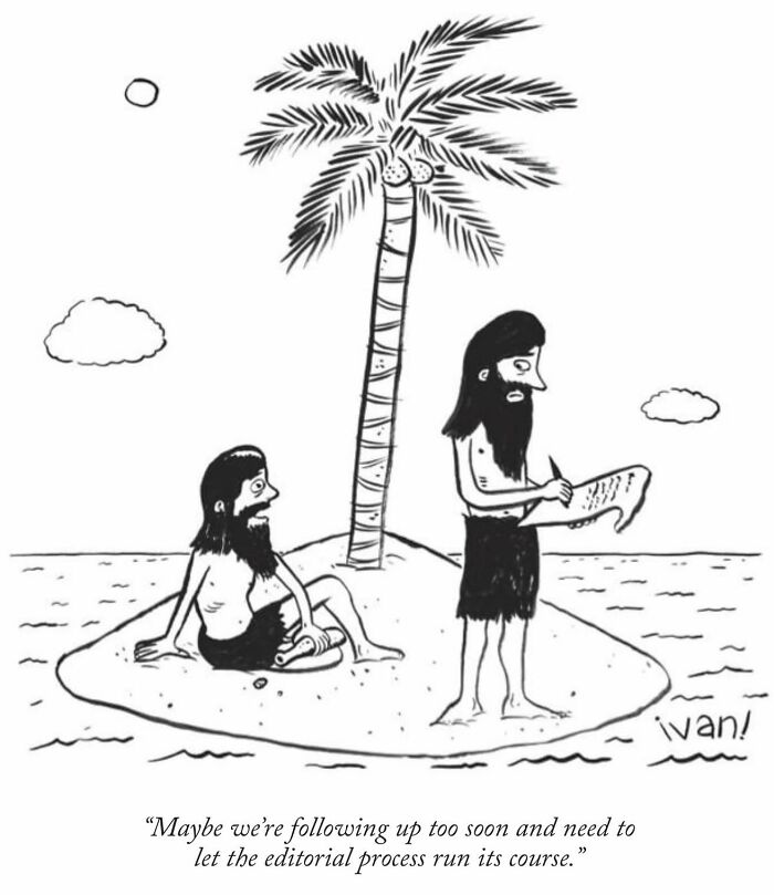 One-panel comic by Ivan Ehlers showing two cavemen on a small island discussing an editorial process.