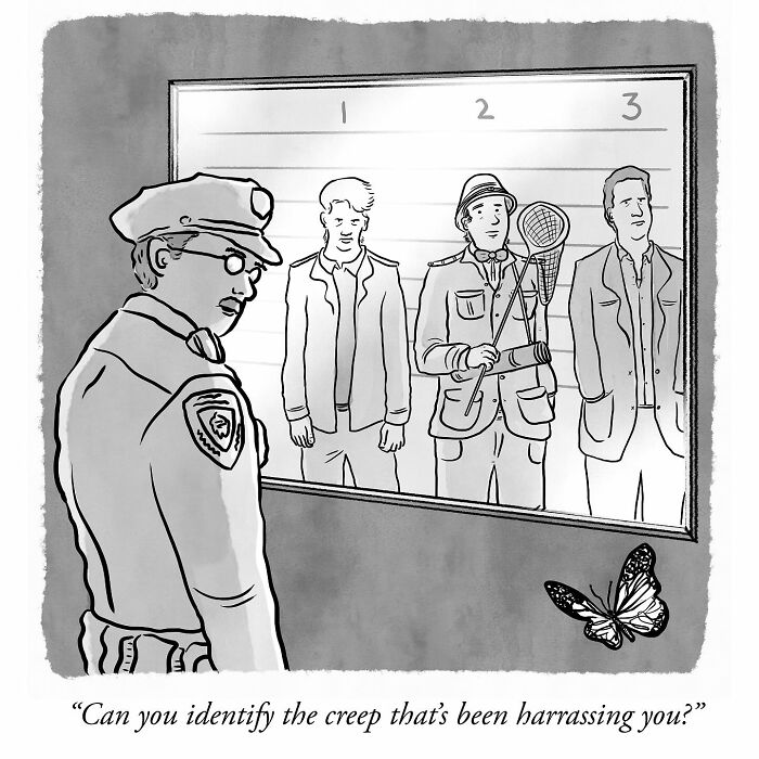 One-panel comic by Ivan Ehlers showing a police lineup with a butterfly as the suspect in a humorous scene.
