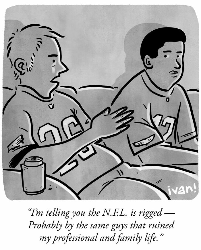 Two men in football jerseys sharing a humorous conversation in a one-panel comic by Ivan Ehlers.