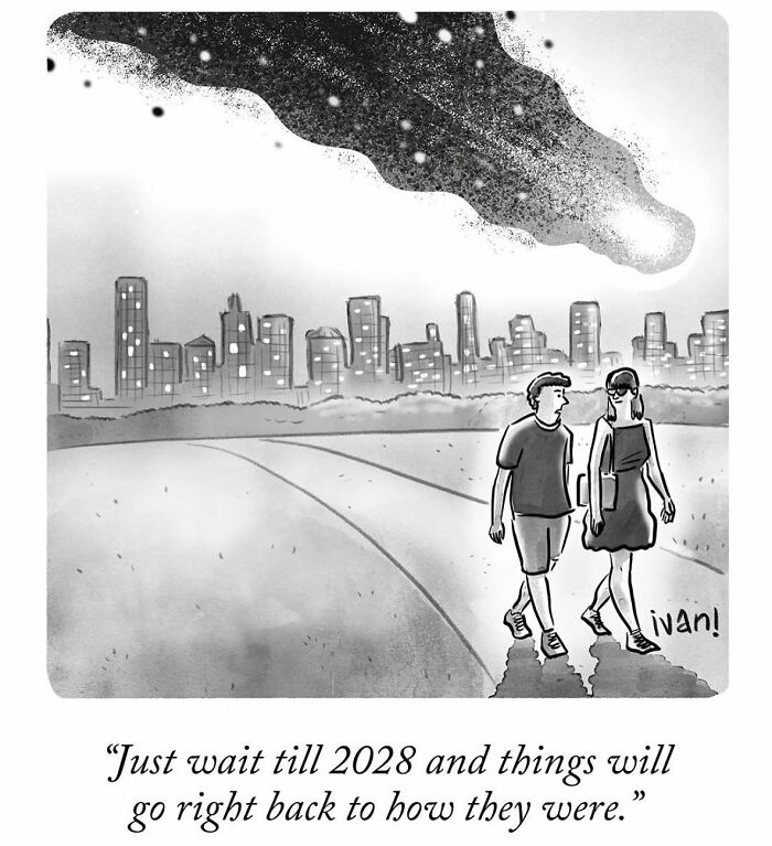 Couple walking with a comet streaking over a city skyline in a hilariously unexpected one-panel comic by Ivan Ehlers.