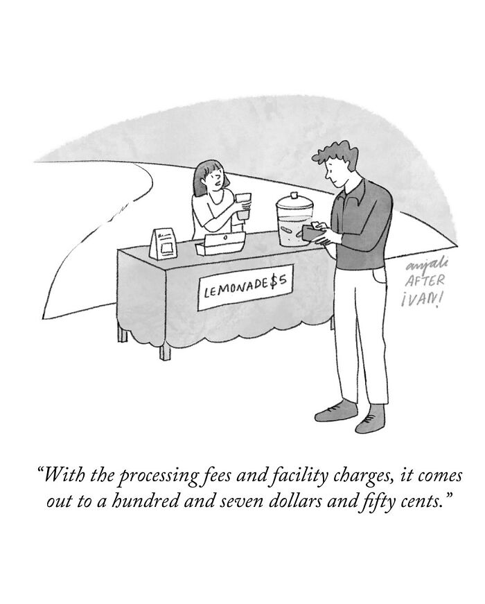One-panel comic by Ivan Ehlers showing a lemonade stand with unexpected high fees surprising the customer.