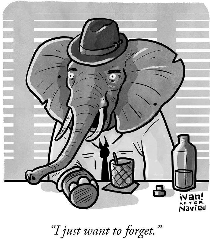 Elephant in a hat drinking alone at a bar, featured in hilariously unexpected one-panel comics by Ivan Ehlers.