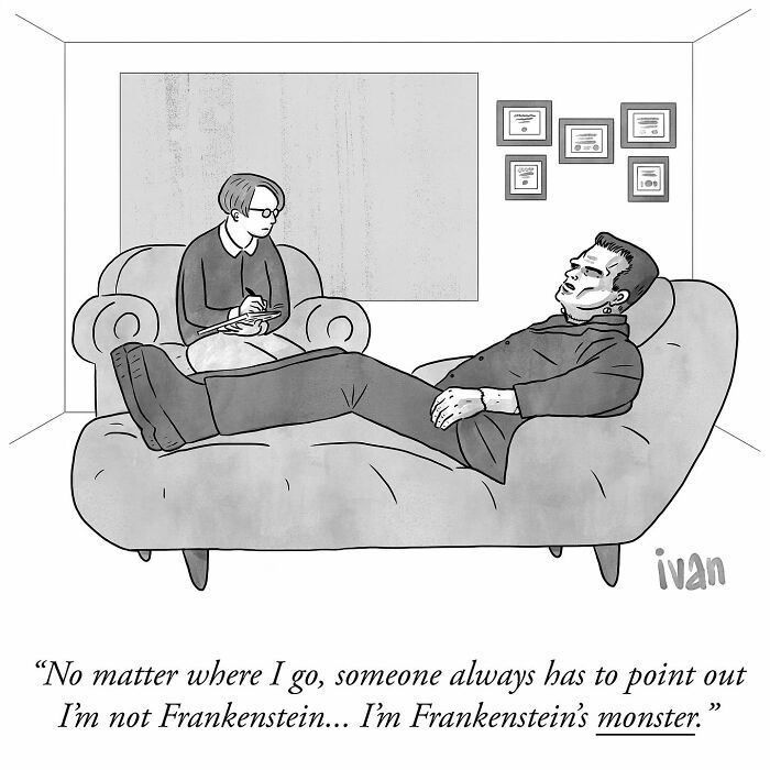 One-panel comic by Ivan Ehlers showing a patient claiming to be Frankenstein's monster on the therapist's couch.