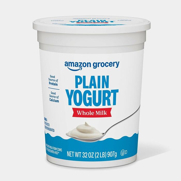 Amazon Grocery plain whole milk yogurt container, one of the Amazon Fresh staples cheaper than big box stores.