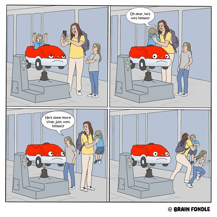 Comic by The Ward Brothers showing a humorous scene with a children’s ride and a mother reacting to a wet child.