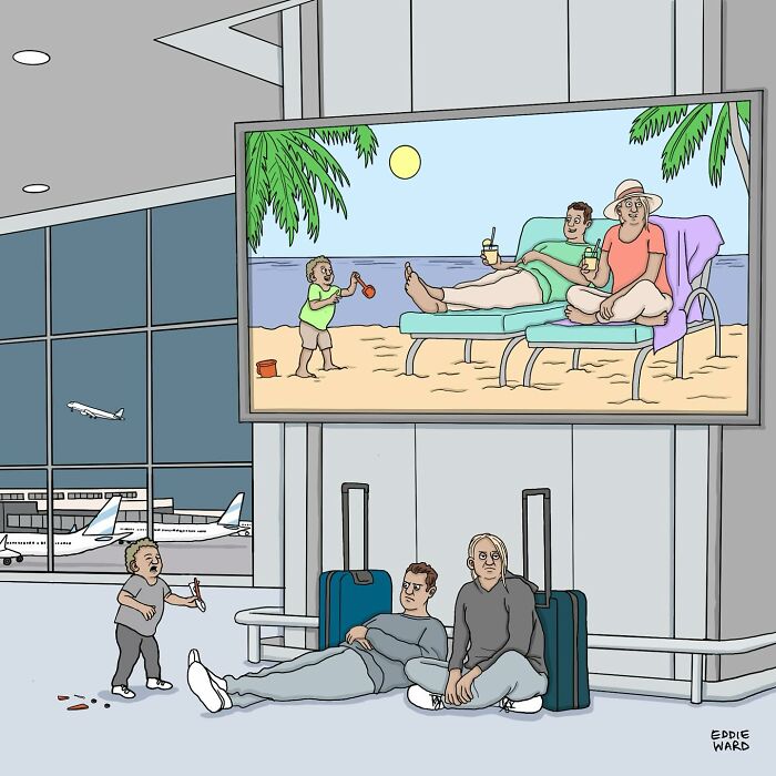 Cartoon by Ward Brothers showing a frustrated family at airport with child crying, contrasted with beach vacation scene on screen.