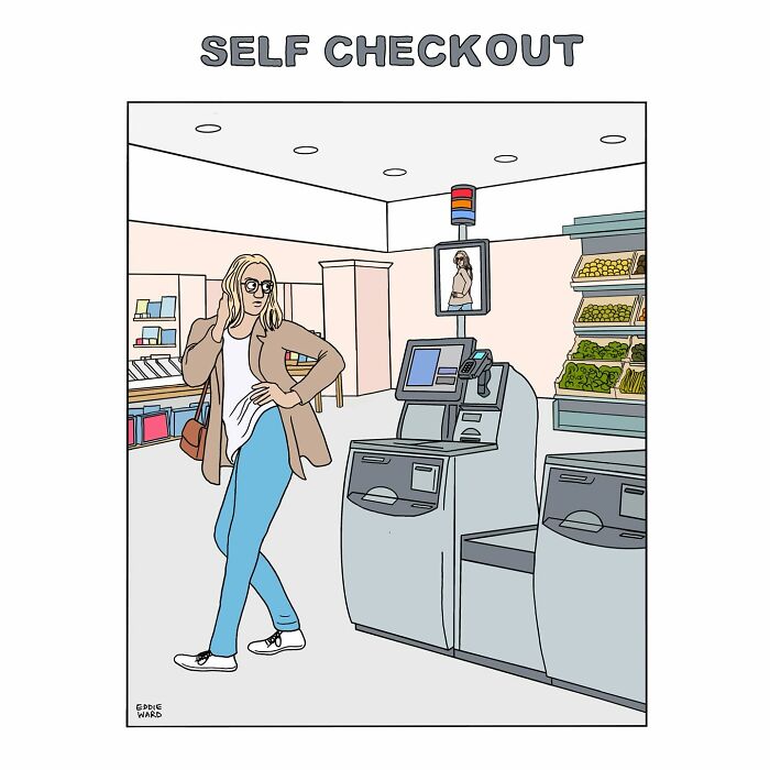 Woman awkwardly avoiding eye contact at a self checkout in a hilariously inappropriate comic by The Ward Brothers.