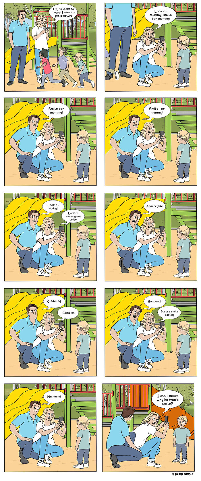 Comic strip by The Ward Brothers showing parents repeatedly asking a child to smile for awkward family photos at a playground.