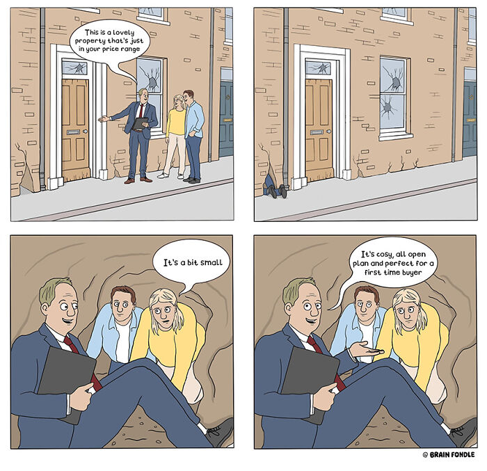 Comic showing a real estate agent humorously selling a tiny underground space to a couple, featuring inappropriate comic humor.