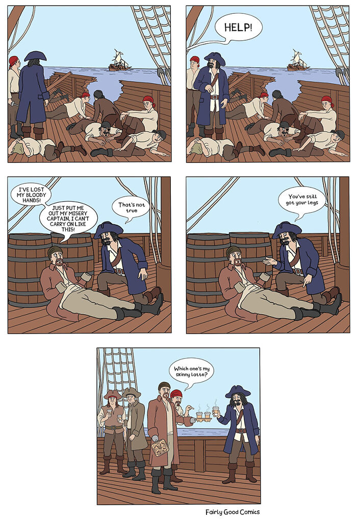 Pirate-themed inappropriate comic by The Ward Brothers showing a humorous shipwreck and coffee joke on deck.