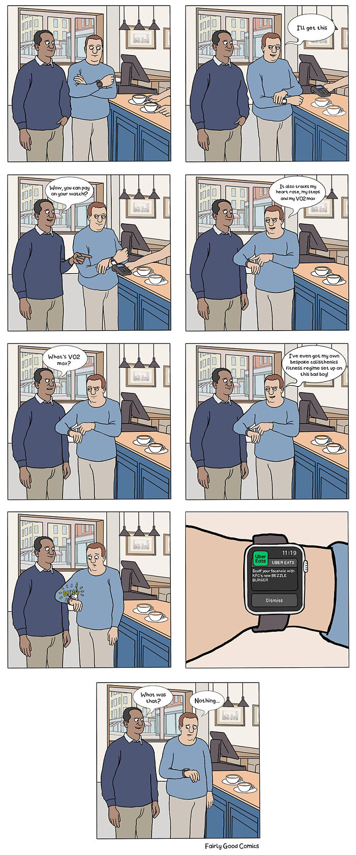 Two men in a comic about a smartwatch with fitness tracking and Uber Eats notification, from Ward Brothers comics.
