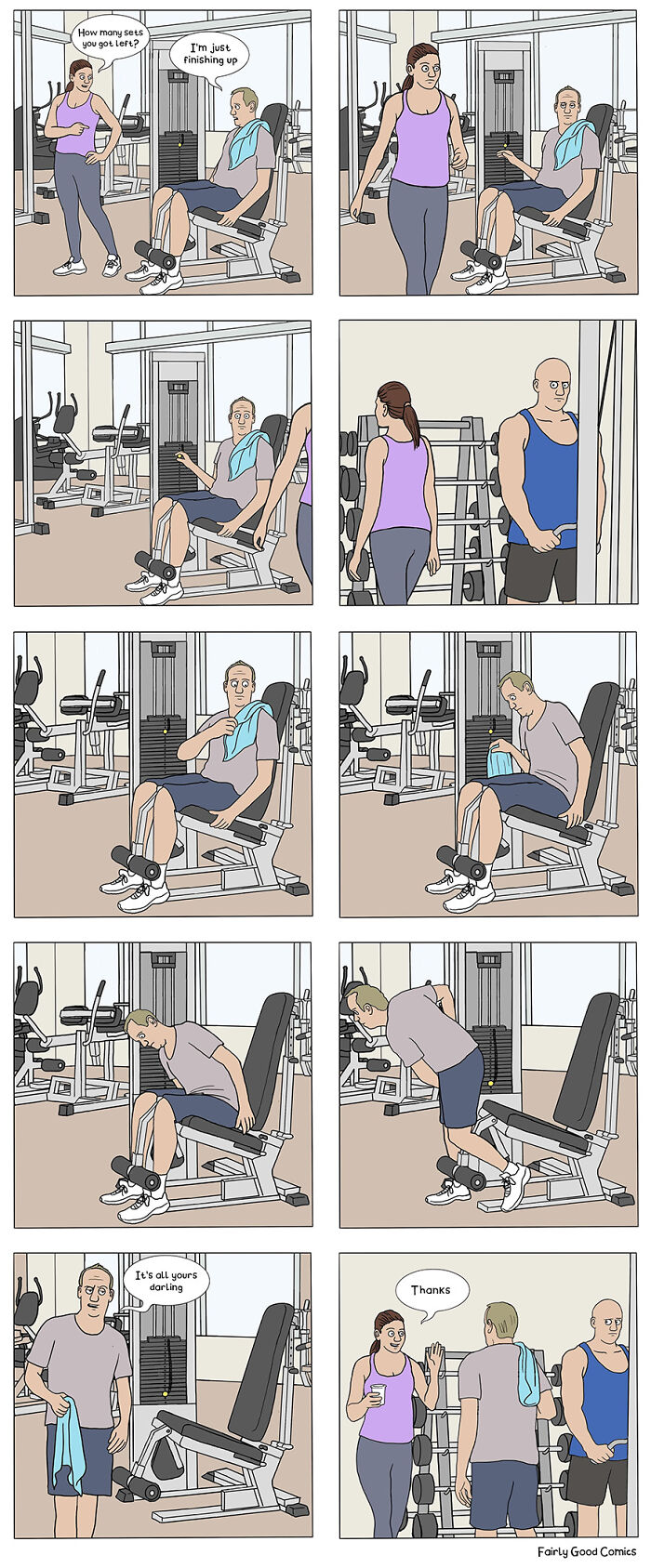 Comic by The Ward Brothers showing a gym scene with people exercising and awkward social interactions in a workout setting.