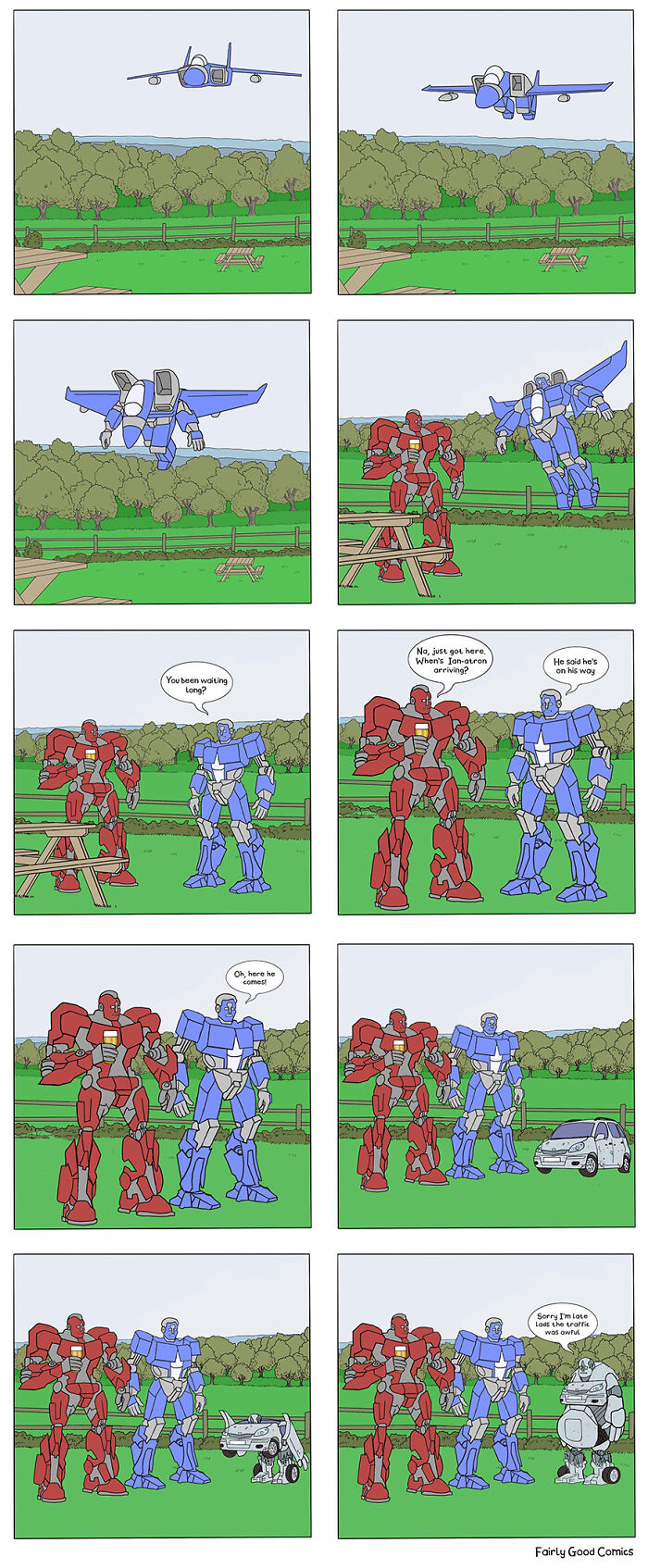 Two robots waiting in a park meet a small robot arriving late, from hilariously inappropriate comics by Ward Brothers.