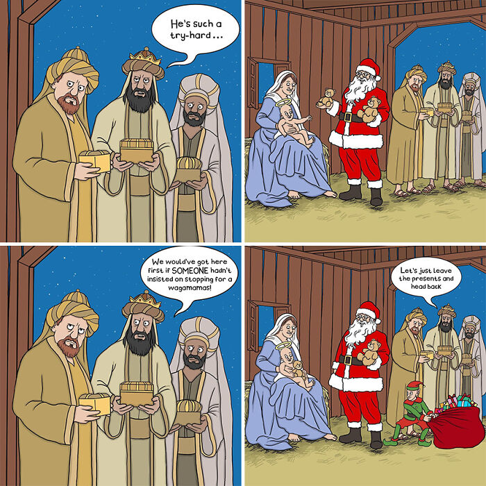 Comic panels showing the three wise men with gifts and Santa Claus visiting baby Jesus in a humorous inappropriate comic style.
