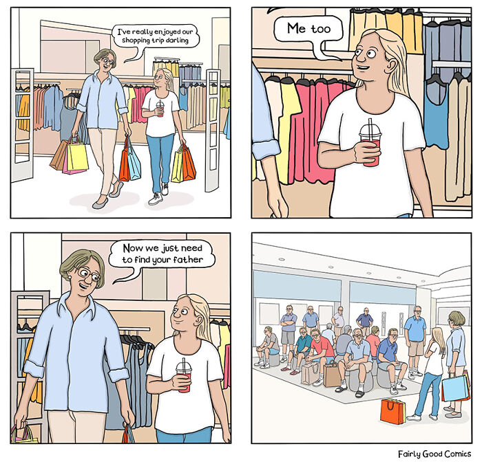 A comic by The Ward Brothers showing a woman and daughter shopping with humorous unexpected twist scene.