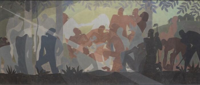 Abstract mural depicting diverse figures engaged in cultural and artistic activities symbolizing Harlem Renaissance moments.