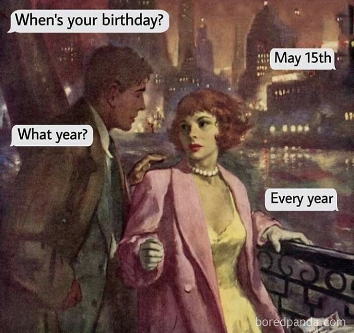 Classical art meme showing a man and woman’s conversation about birthday, featured in iconic chaotic classical art memes.