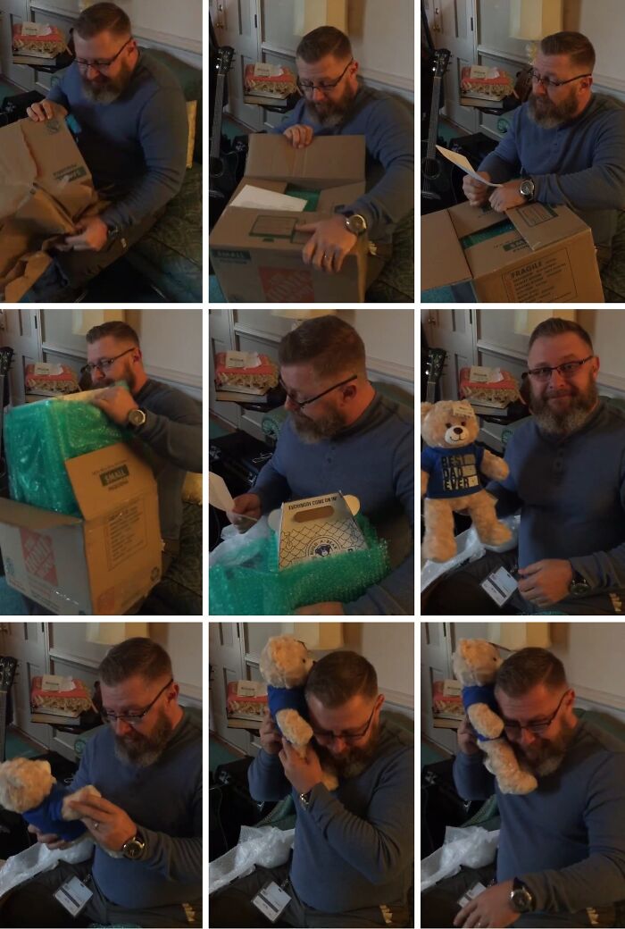 A dad unboxing and holding a teddy bear that carries his late son&rsquo;s heartbeat, showing emotional connection and reflection.