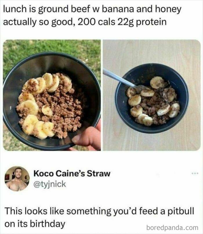 Bowl of ground beef with banana slices, an example of gross foods that might make you lose your appetite.