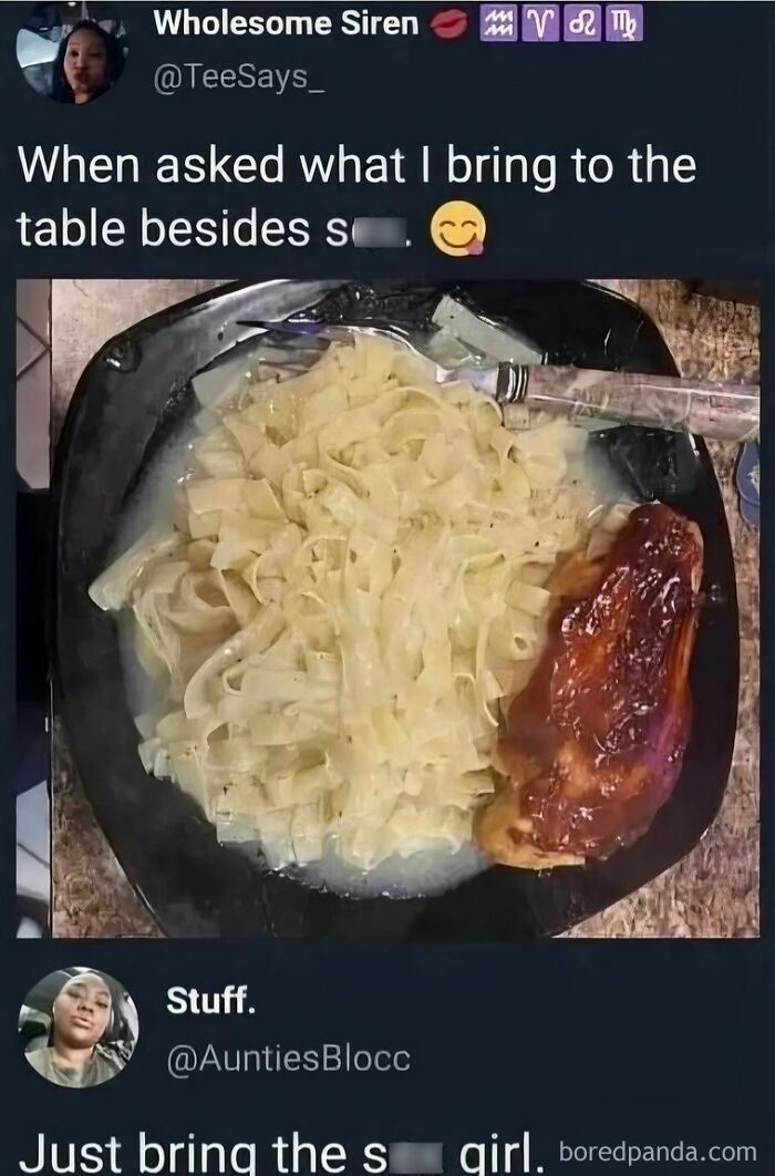 Screenshot of a social media post showing a plate of noodles and chicken, illustrating gross foods that could lose appetite.