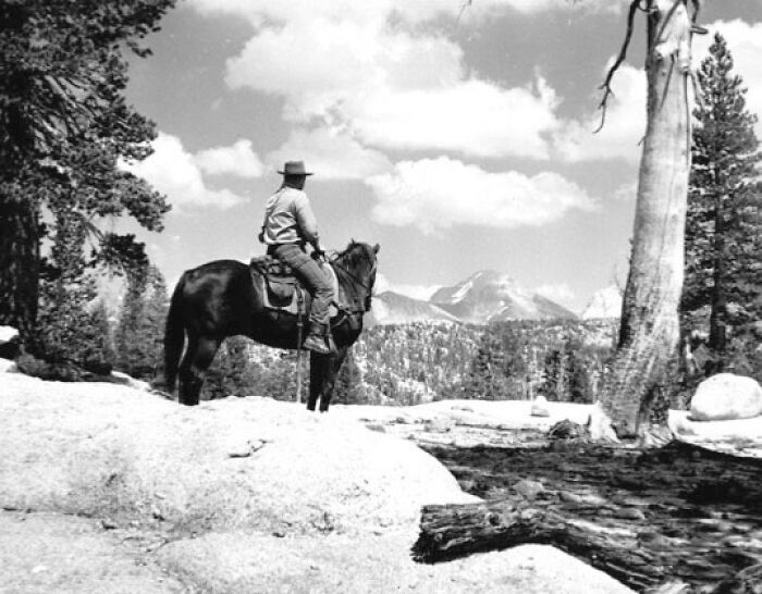 Vintage cowboy on horseback overlooking mountainous landscape in an old western setting from vintage cowboy photographs.
