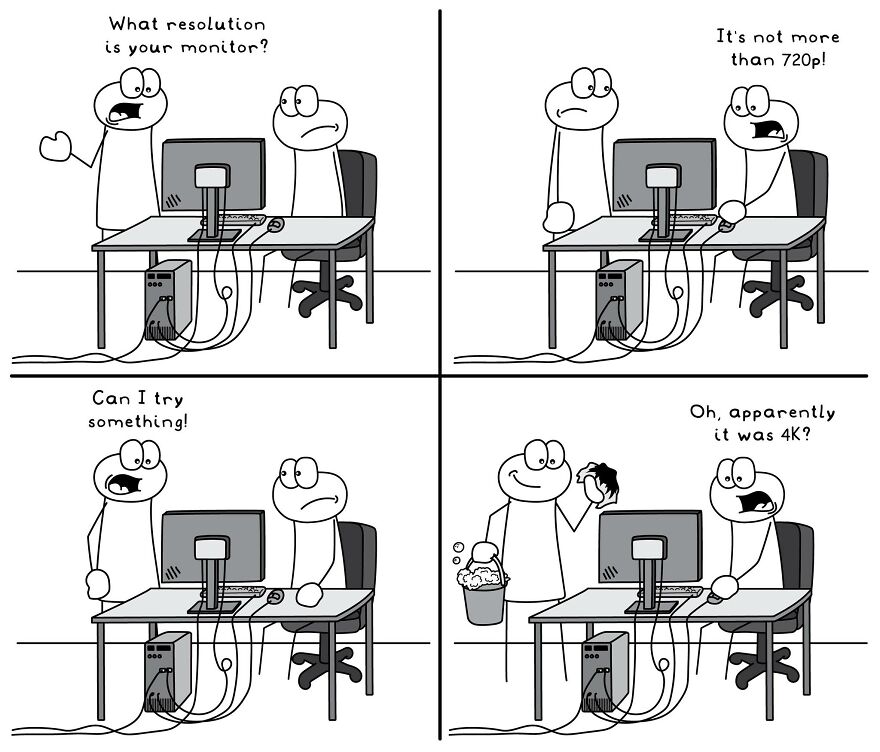 Two characters in a funny comic about monitor resolution with a surprising 4K cleaning twist in everyday life situations.