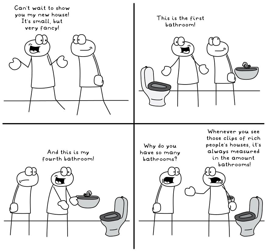 Funny and relatable comics illustrating everyday life situations with simple stick figure characters in a humorous dialogue about bathrooms.