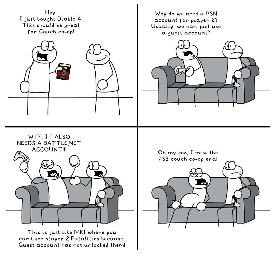 Funny and relatable comic illustrating everyday life situations about gaming frustrations with multiple online accounts needed.