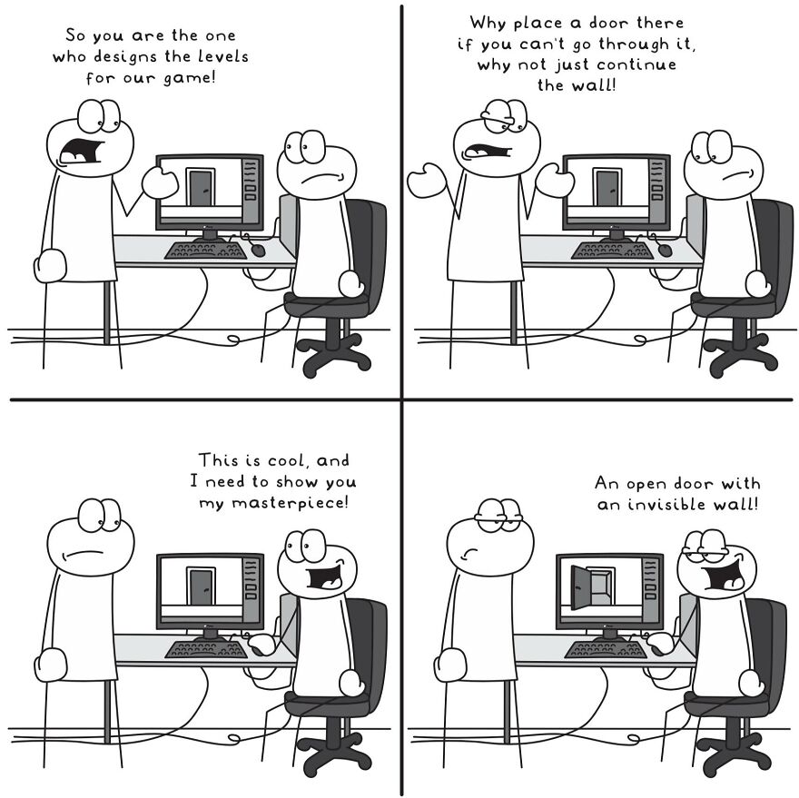Black and white comic illustrating funny and relatable everyday life situations about game level design and invisible walls.