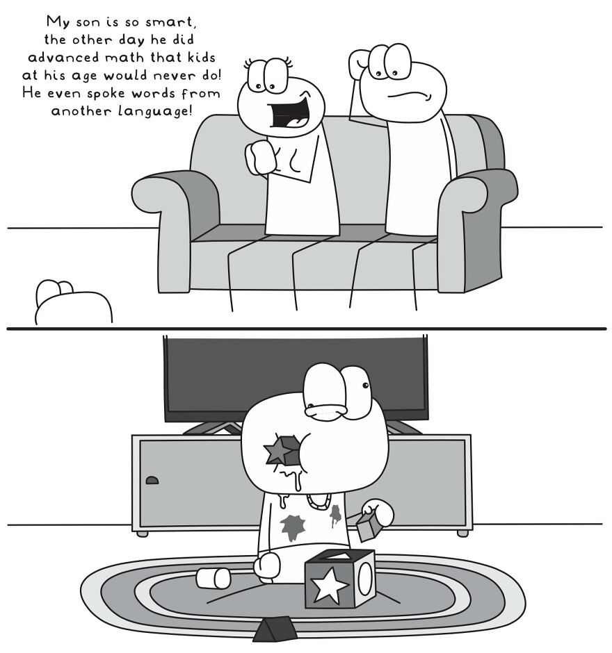 Black and white relatable comic illustrating a parent bragging about a smart child while the child plays messily.