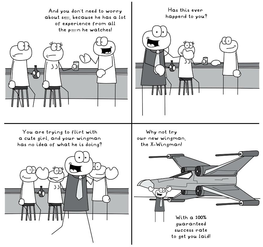 Funny and relatable comic illustrating random everyday life situations with stick figures in a bar setting and a humorous twist.