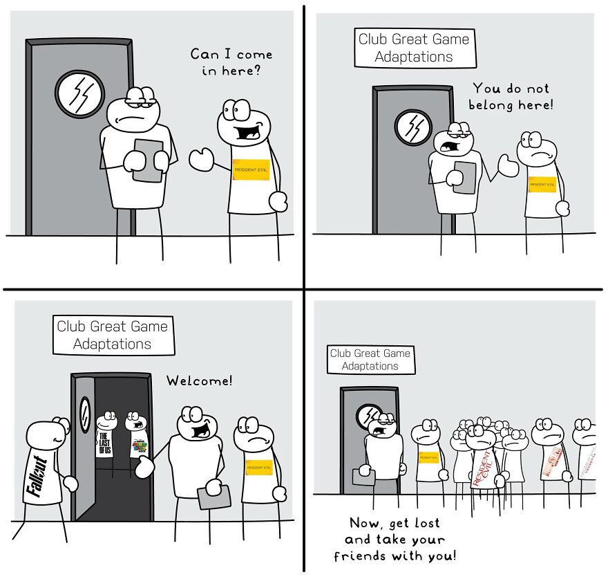 Funny comic illustrating relatable everyday life situations about exclusion and acceptance in a game adaptations club.