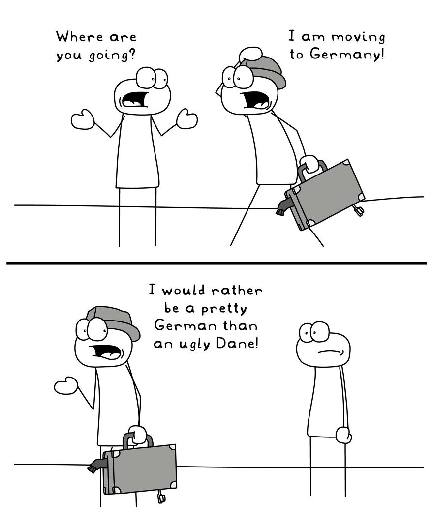 Funny and relatable comic illustrating random everyday life situations with two characters discussing moving to Germany.