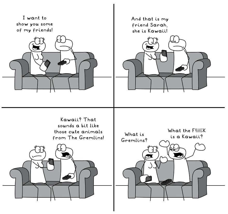 Black and white funny relatable comic showing everyday life situations with two characters discussing the word kawaii.
