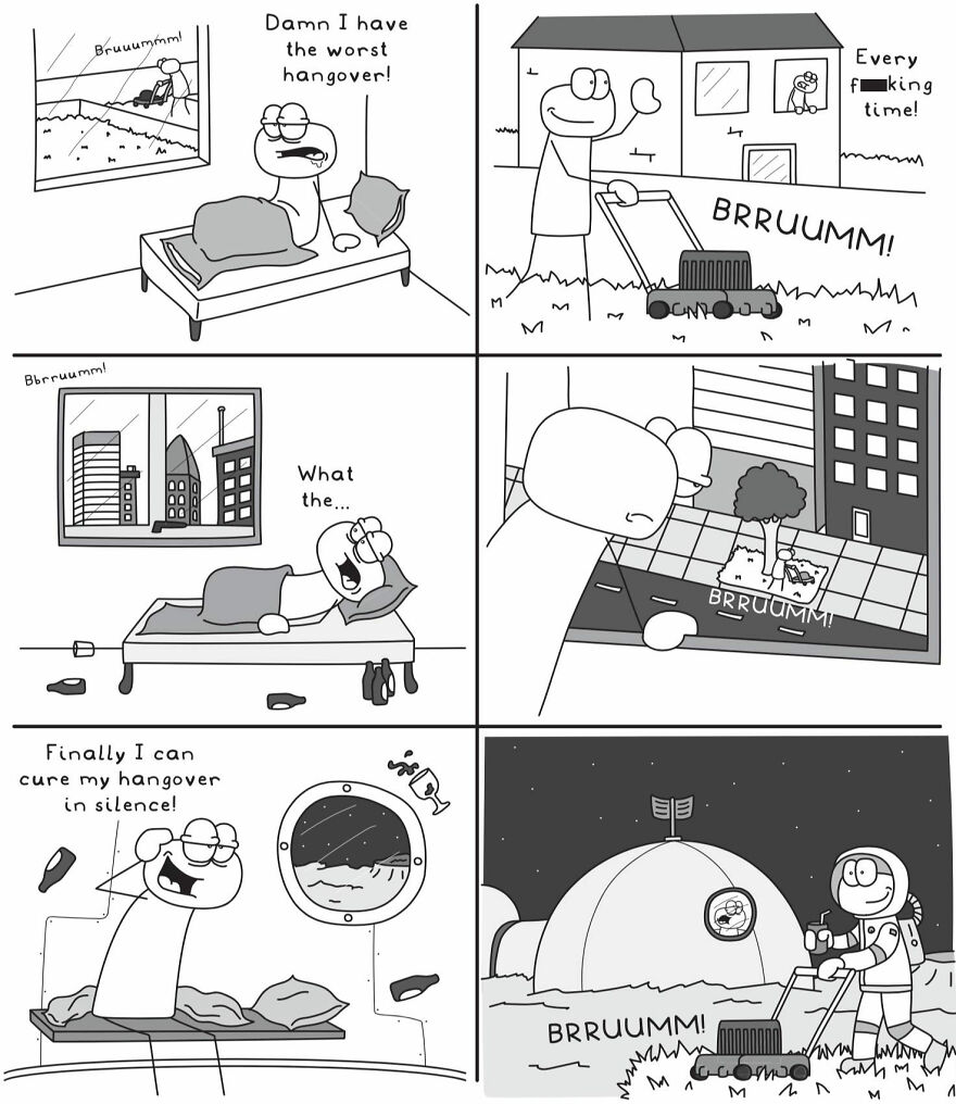 Funny and relatable comic illustrating everyday life situations with a character struggling with noise and hangovers.