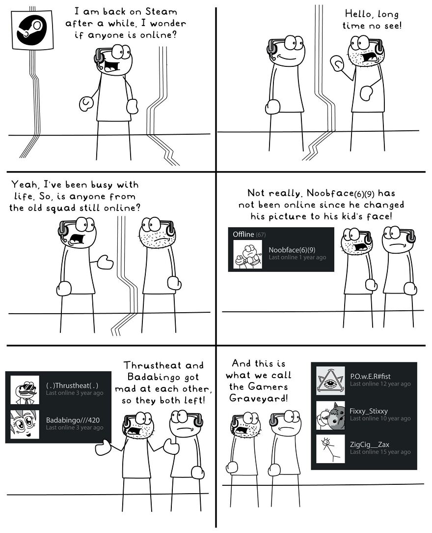 Black and white comic illustrating a funny and relatable everyday life situation about a gamer's online inactivity.