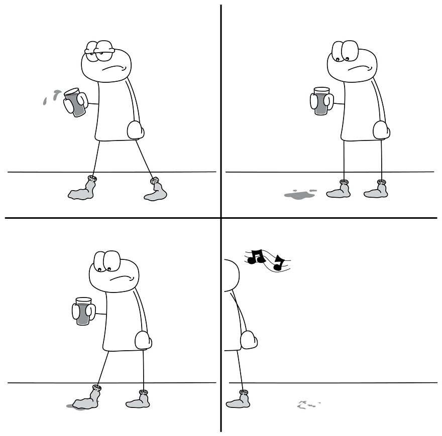 Funny and relatable comic showing a character spilling a drink in random everyday life situations illustration.