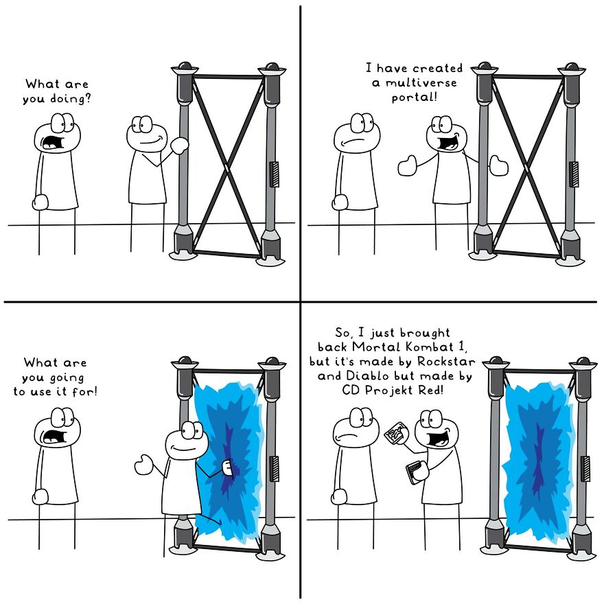 Funny and relatable comics illustrating random everyday life situations with characters and a multiverse portal joke.