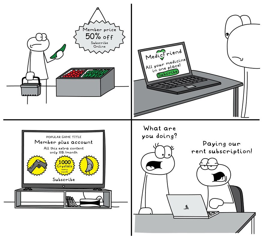 Funny and relatable comics illustrating random everyday life situations about subscription and memberships.