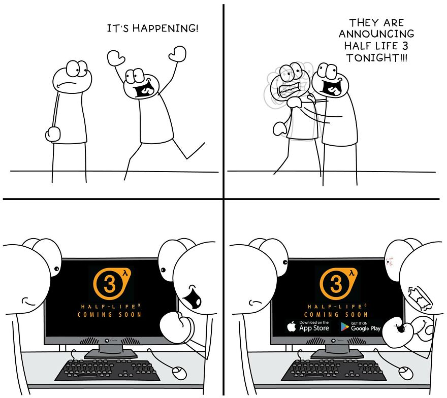 Four-panel comic illustrating funny and relatable everyday life situations about anticipation for a game announcement.