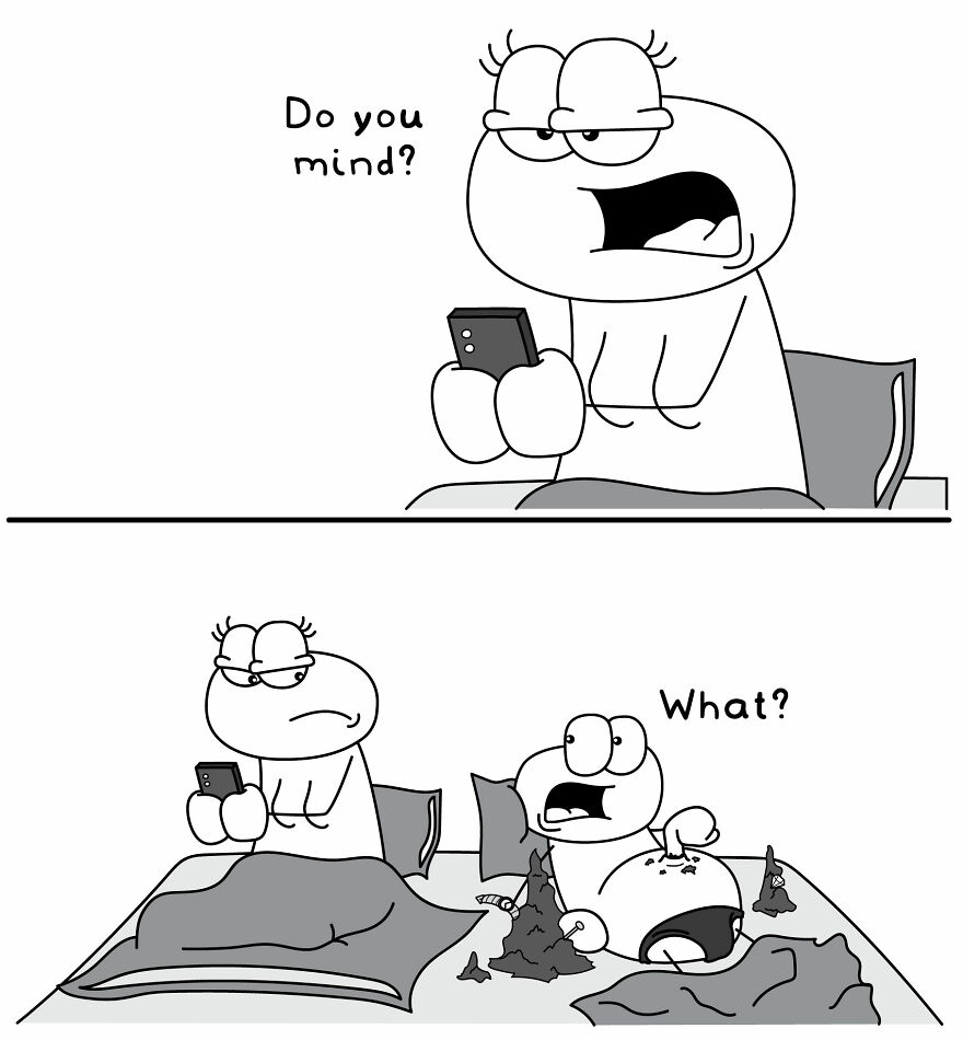 Funny and relatable comics showing everyday life situations with expressive characters in humorous black and white illustrations.