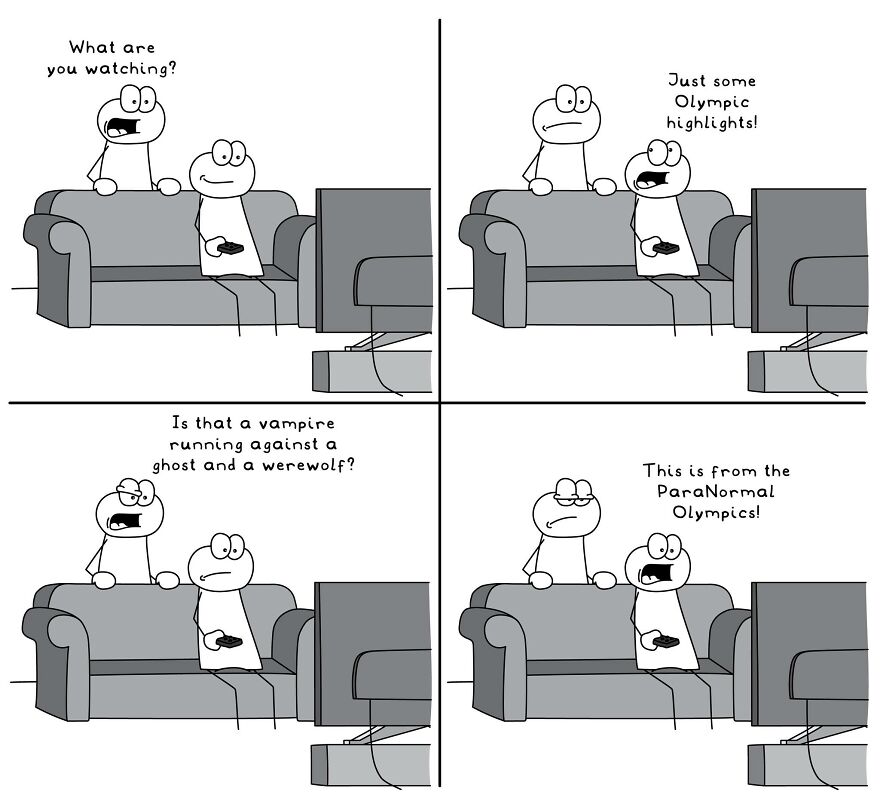 Two cartoon characters on a couch watching funny and relatable comics about everyday life situations on TV.