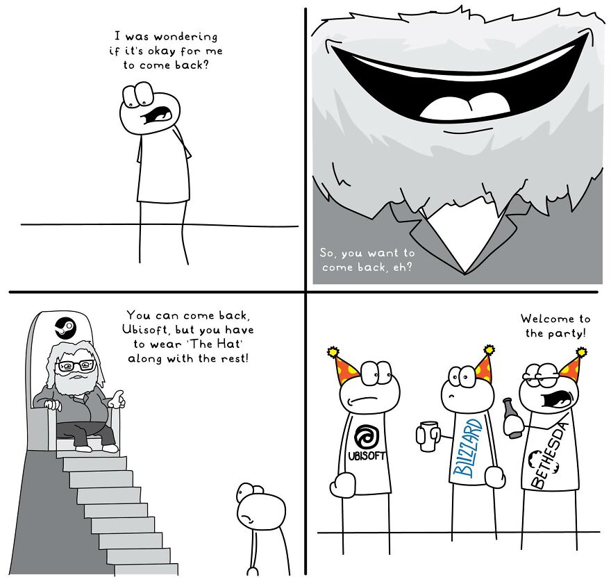 Illustration of funny and relatable comics showing a character asking to come back and joining a party with Ubisoft, Blizzard, Bethesda.
