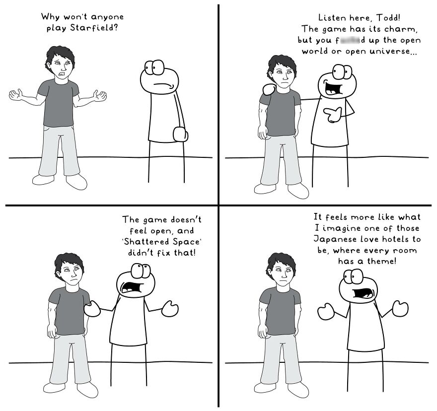 Black and white funny relatable comic illustrating everyday life situations with characters discussing a video game’s appeal and themes.