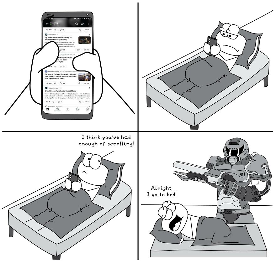 Comic illustrating relatable everyday life situation of scrolling on phone in bed with humorous twist.
