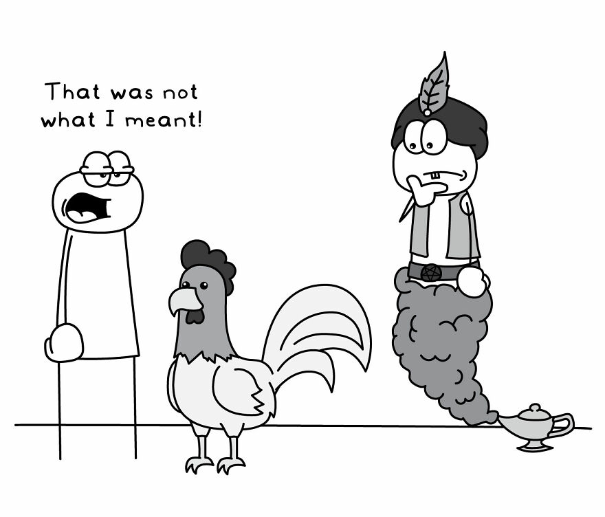 Funny and relatable comic showing a confused character, a rooster, and a disappointed genie in everyday life situations illustration.
