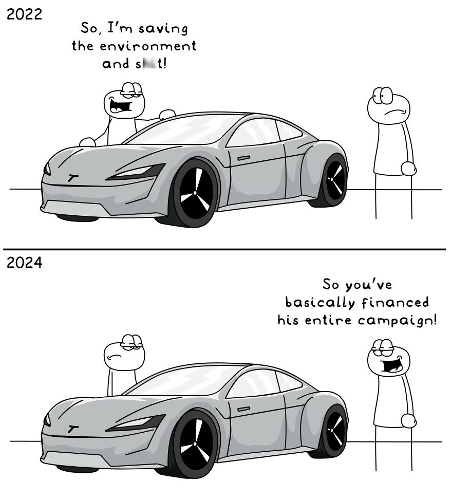 Stick figure comic showing changing perspectives on an electric car in funny and relatable everyday life situations.