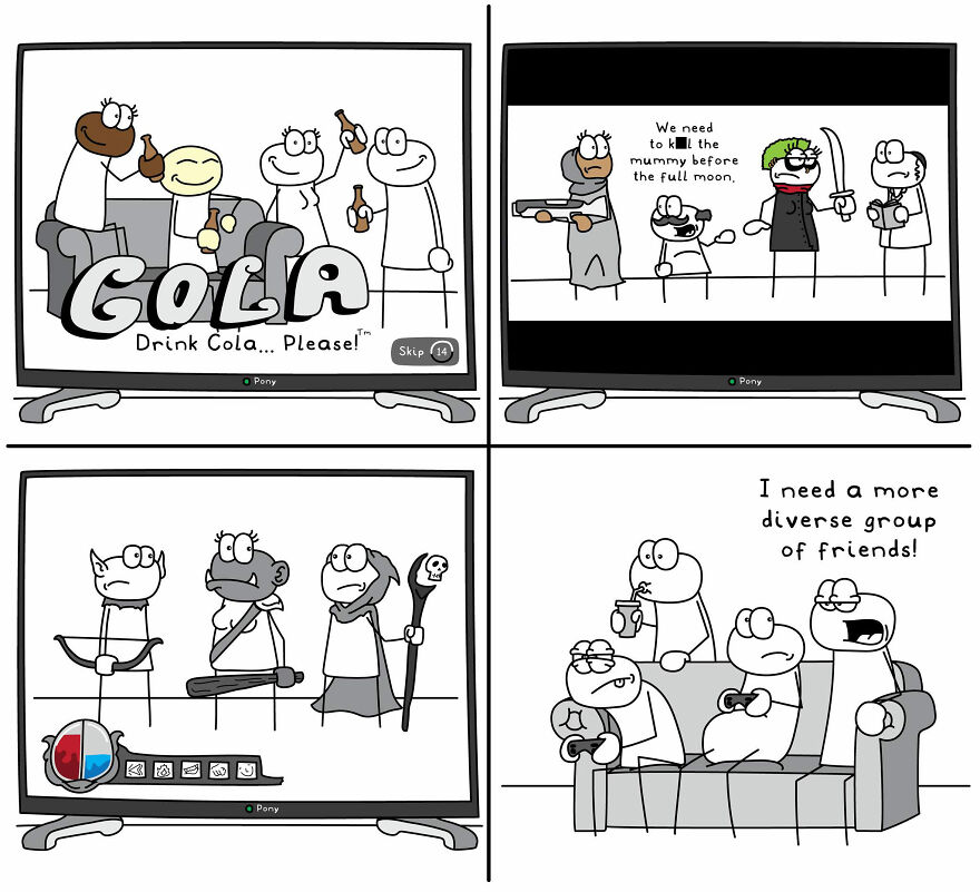 Four-panel funny and relatable comic illustrating random everyday life situations with stick-figure characters on TV screens.